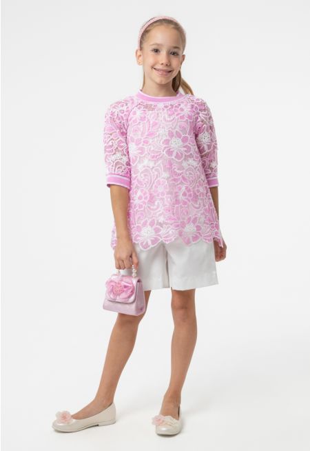Ribbed Lace Floral Embroidered Blouse And Shorts Set -Sale