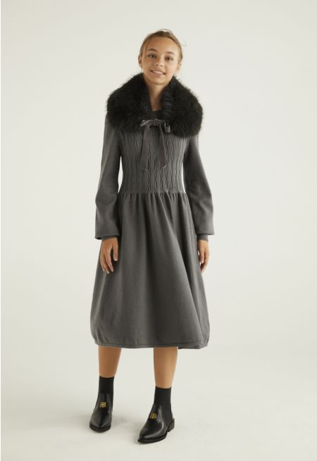 Detachable Faux Fur Collar Dress