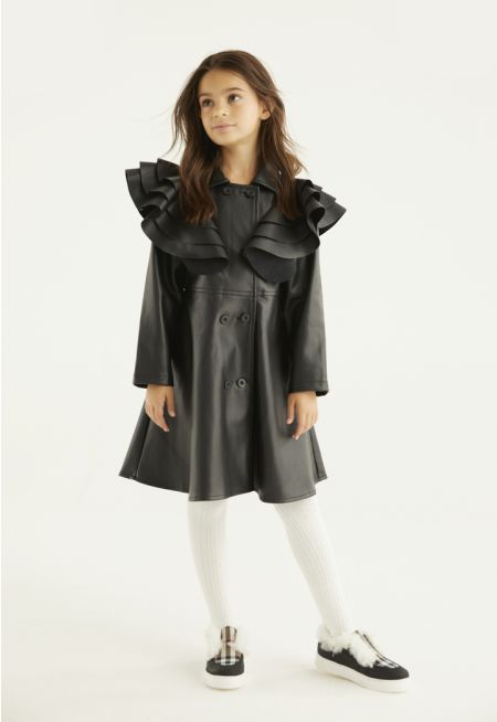 Ruffled Sleeved PU Leather Dress