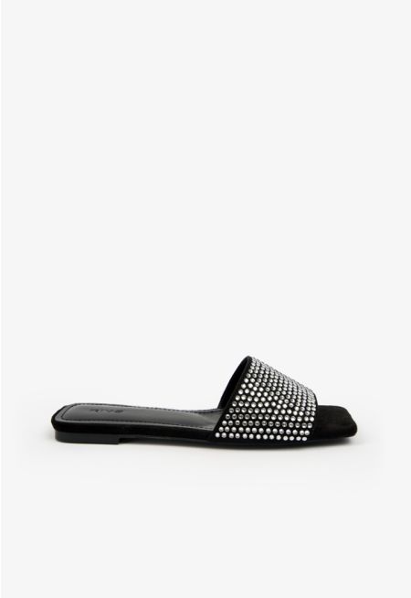 Black Crystal embezzled Flat Sandals