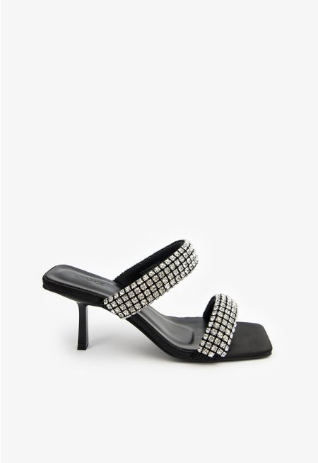 Double Wide Crystal Strap Heeled Sandals