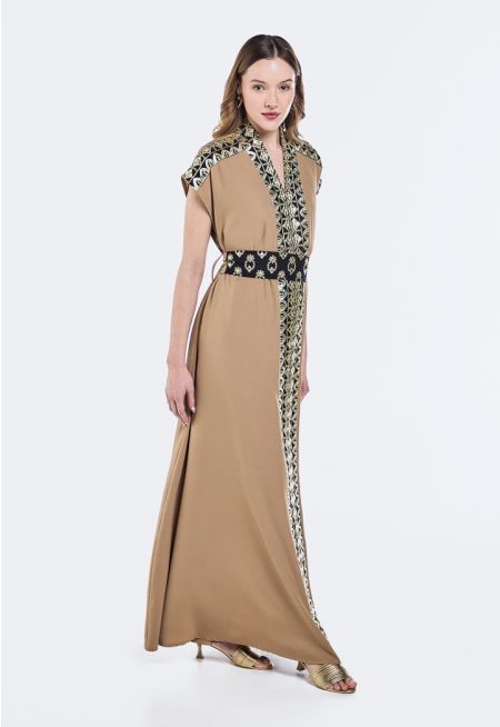 Embroidered Belted V-Neck Dress - Ramadan Style