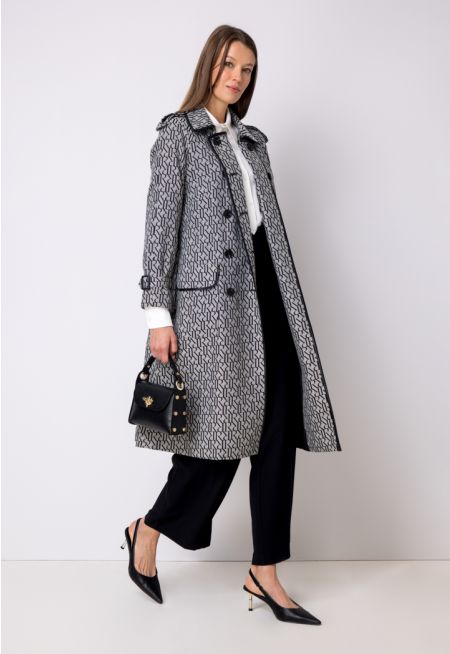 Belted Double Breasted Monogram Print Coat