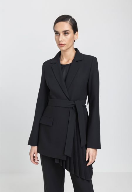 Solid Pleated Belted Blazer