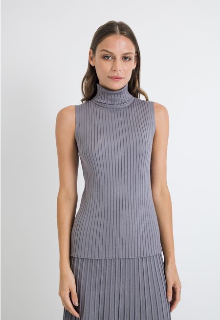 Ribbed Knitted High Neck Basic Top