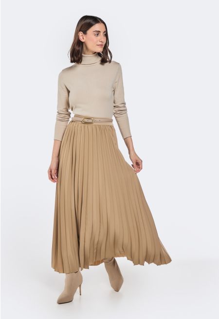 Solid Pleated Maxi Skirt