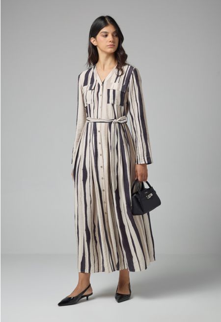 Pleated Striped Belted Dress