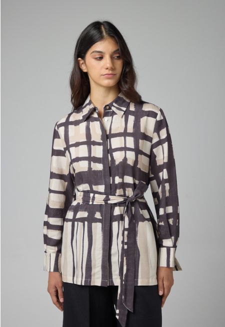 Long Sleeves Printed Belted Shirt