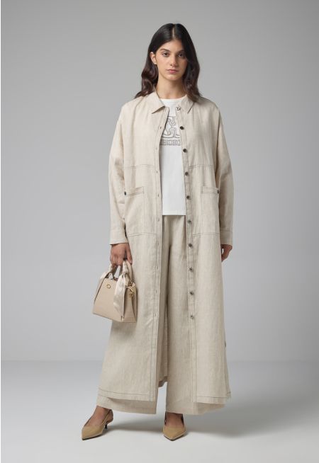 Front Pockets Linen Shirt Dress