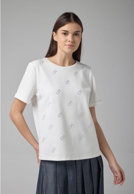 Monogram Crystal Embellished Solid T-Shirt