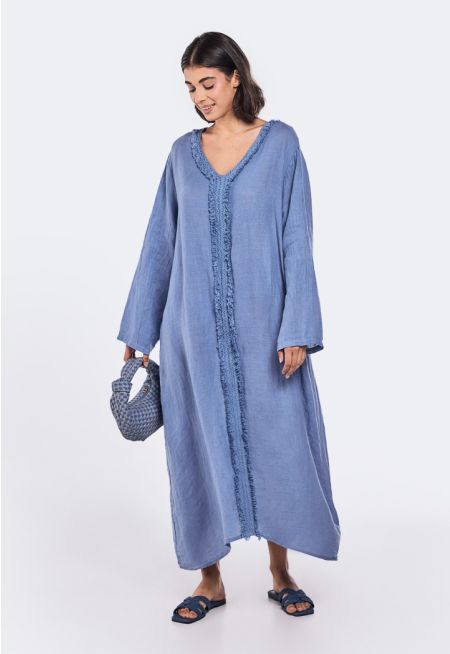 Solid Lace Frayed Linen Dress