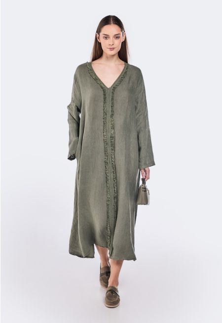 Solid Lace Frayed Linen Dress