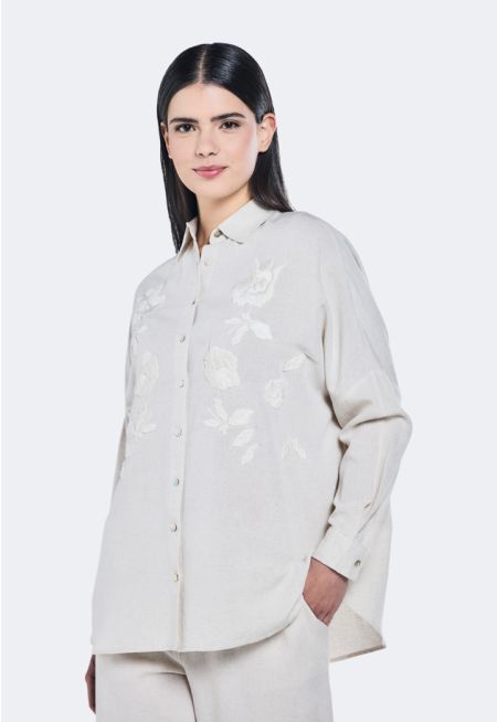 Embroidered Drop Shoulder Linen Shirt