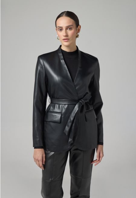 PU Leather Belted Jacket