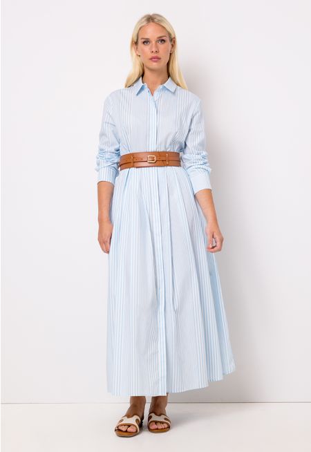 Striped Belted Flared Maxi Shirt Dress