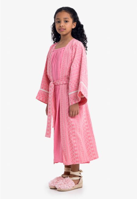 Embroidered Long Dress & Abaya Set