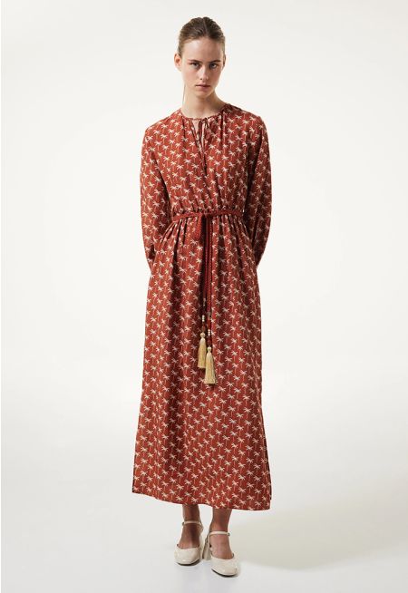 Machka- Palm Tree Pattern Linen Blended Dress 