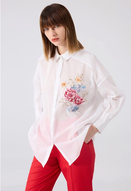 Machka - Poplin Shirt With Floral Embroidery 