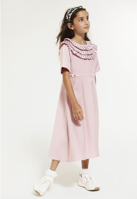 Tiered Pleated Neck School Dress