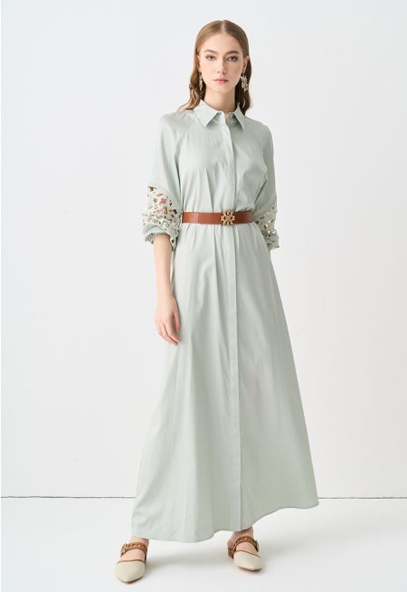 Lace Sleeve Belted Solid Shirt Dress