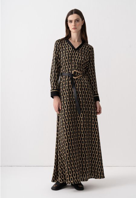 فستان ماكسي بطباعة سلسلة و بأكمام ريجلان