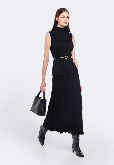 Flared Hem Ribbed Knitted Maxi Skirt