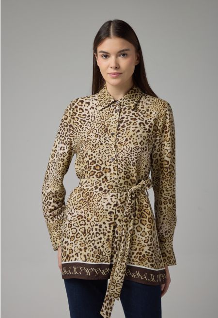 Leopard Print Regular Fit Belted Shirt