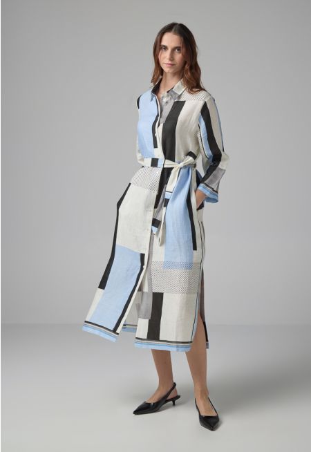 Long Sleeve Printed Belted Shirt Dress