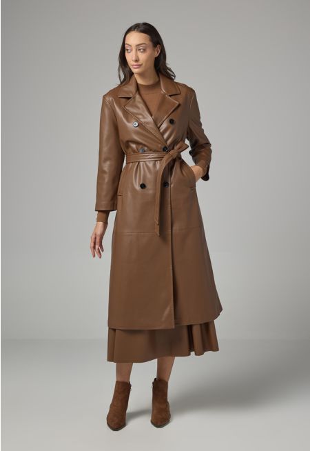 PU Leather Belted Maxi Trench Coat