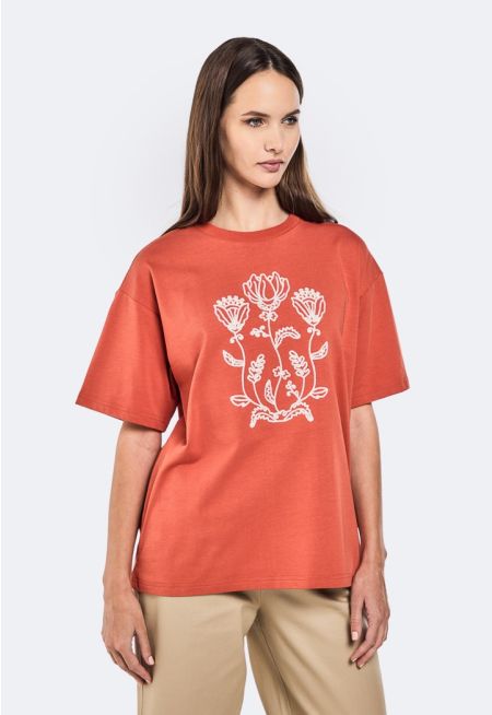 Drop Shoulder Embroidered T-Shirt