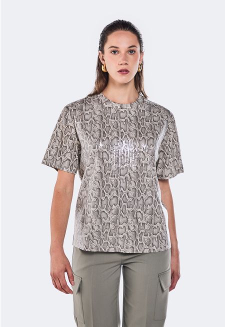 Snake Print Sequin Embellished T- Shirt