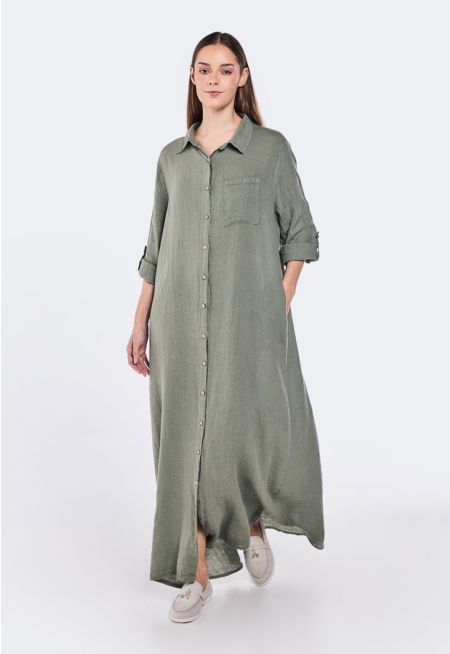 Solid Maxi Linen Shirt Dress