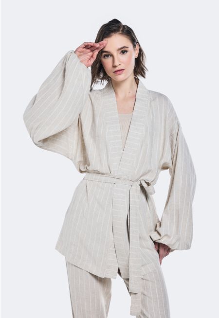 Striped Belted Linen Kimono