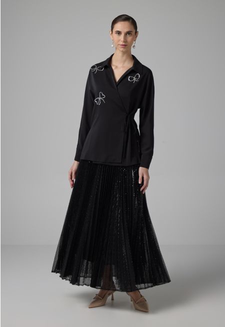 Sequin Embellished Pleated Skirt