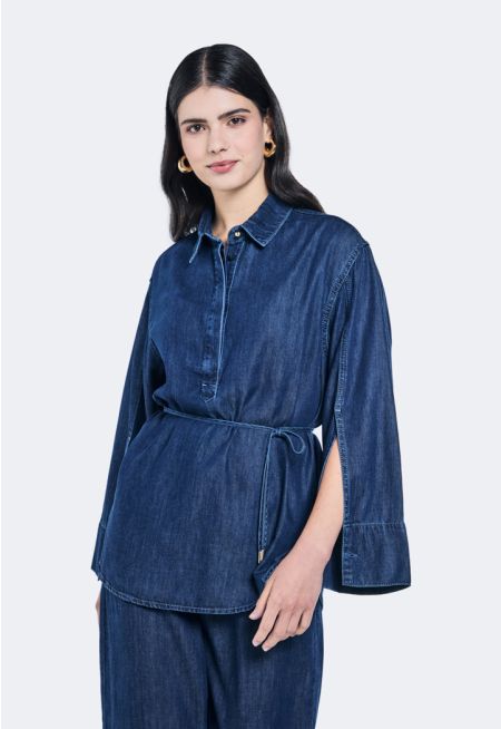 Solid Belted Tencel Shirt