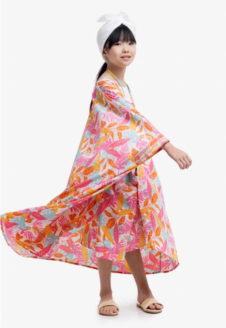 Leaf Printed Colourful Dress & Abaya Set
