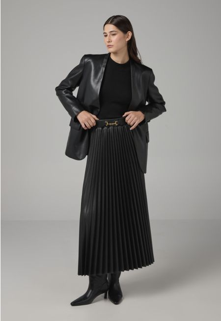 Pleated PU Leather Solid Skirt