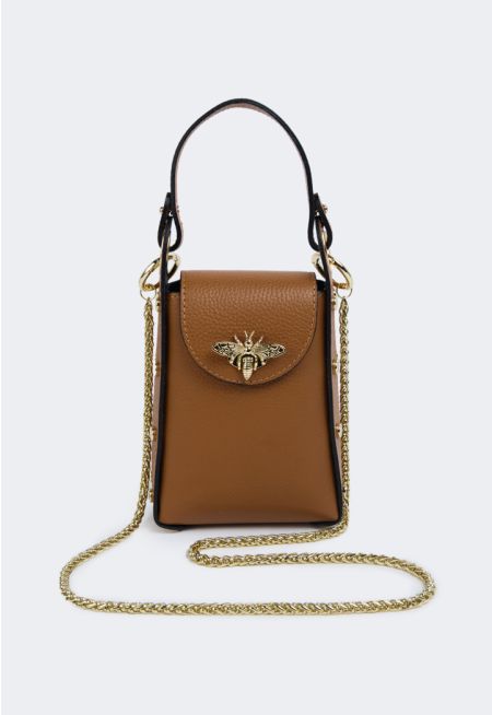 Butterfly Embellished Genuine Leather Crossbody Bag