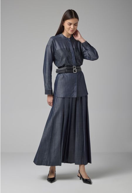 Single Tone Pleated Flared Maxi Skirt