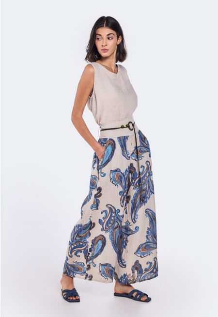 Paisley Print Linen Palazzo Trousers