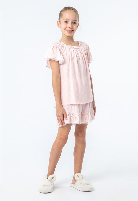 Polka Dots Elasticated Ruffles Lace Pajama Set -Sale