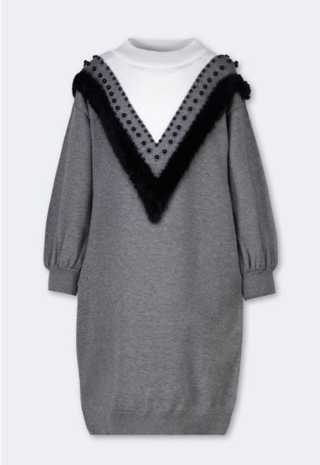 Faux Fur Embellished Sweater Dress