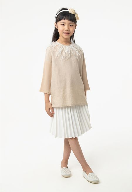 Feather Embellished Blouse And Pleated Skirt Set -Sale