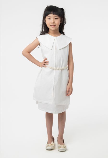 Solid Peter Pan Collar Dress Combo With Pearly Belt -Sale