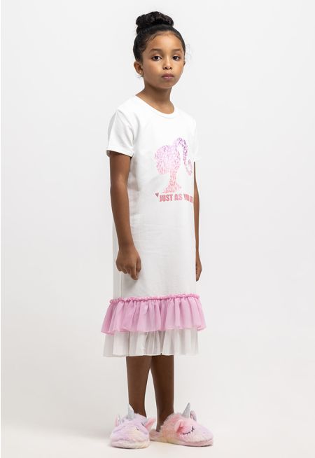 Barbie Printed Short Sleeves Ruffled Hemline Cotton Sleepshirt