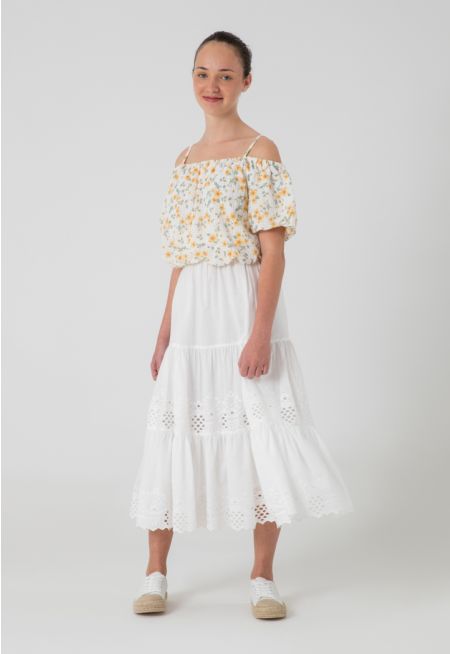 Solid Schiffli Tiered Lace Midi Skirt -Sale
