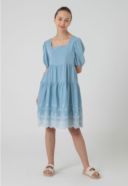 Tiered Scallop Embroidered Midi Dress -Sale