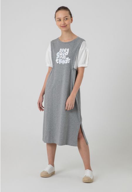 Sequin Text Print Puff Dress -Sale